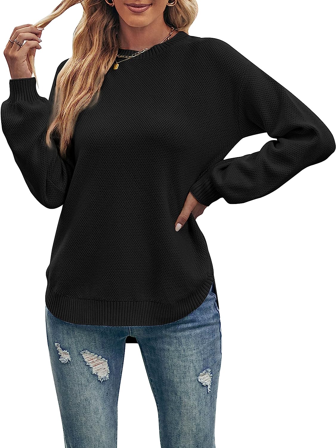 Women's Long Balloon Sleeve Crew Neck Sweater Tops CD458