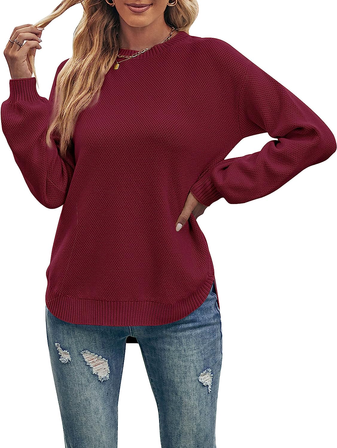 Women's Long Balloon Sleeve Crew Neck Sweater Tops CD458