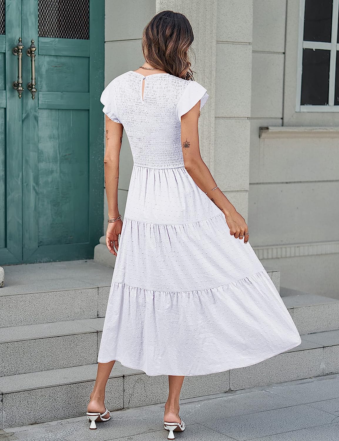 Women's Short Sleeve Smocked Midi Dress Crewneck CD448