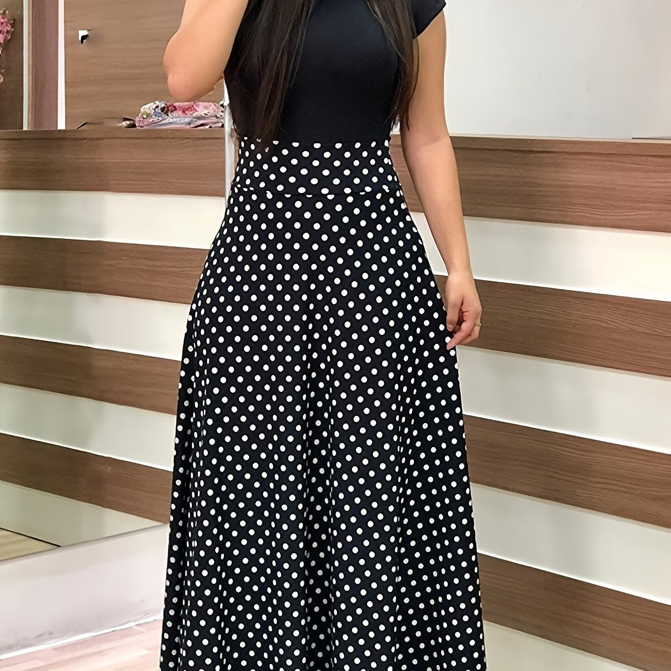 Printed Splicing Crew Neck  Slim Waist Pleated Maxi Dress CD178