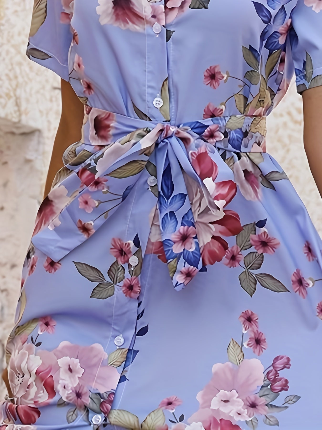 Floral Print Shirt Boho Button Front Short Sleeve Dress CD198