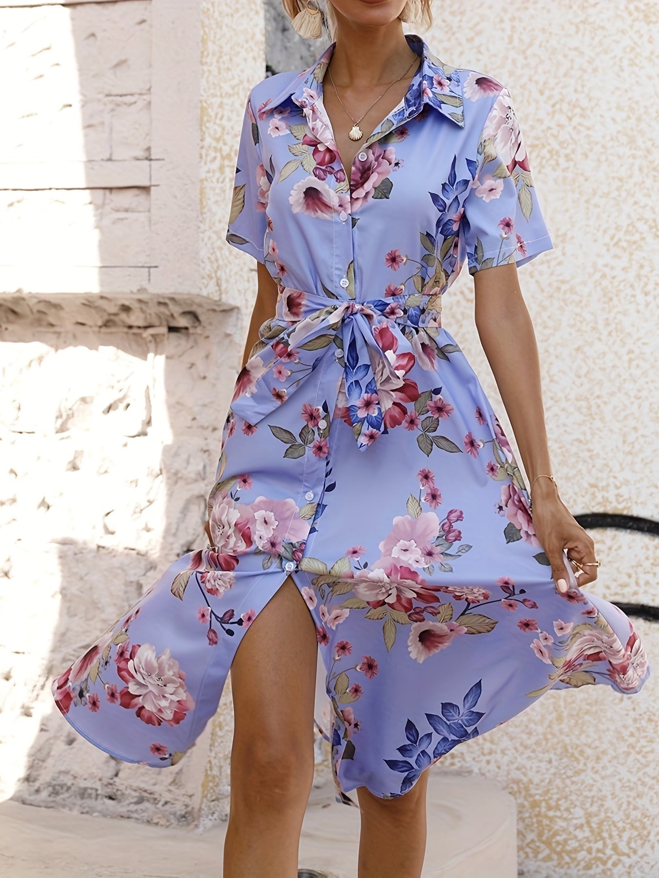 Floral Print Shirt Boho Button Front Short Sleeve Dress CD198