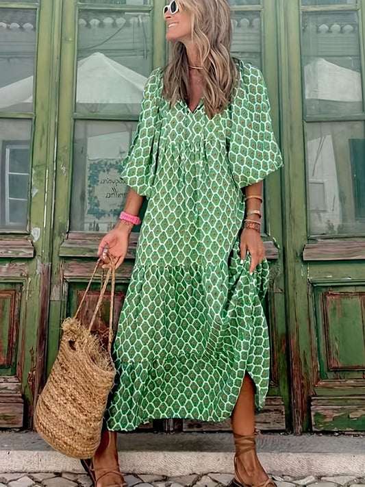 Full Printed Boho Puff Sleeve Maxi Loose Dress CD180
