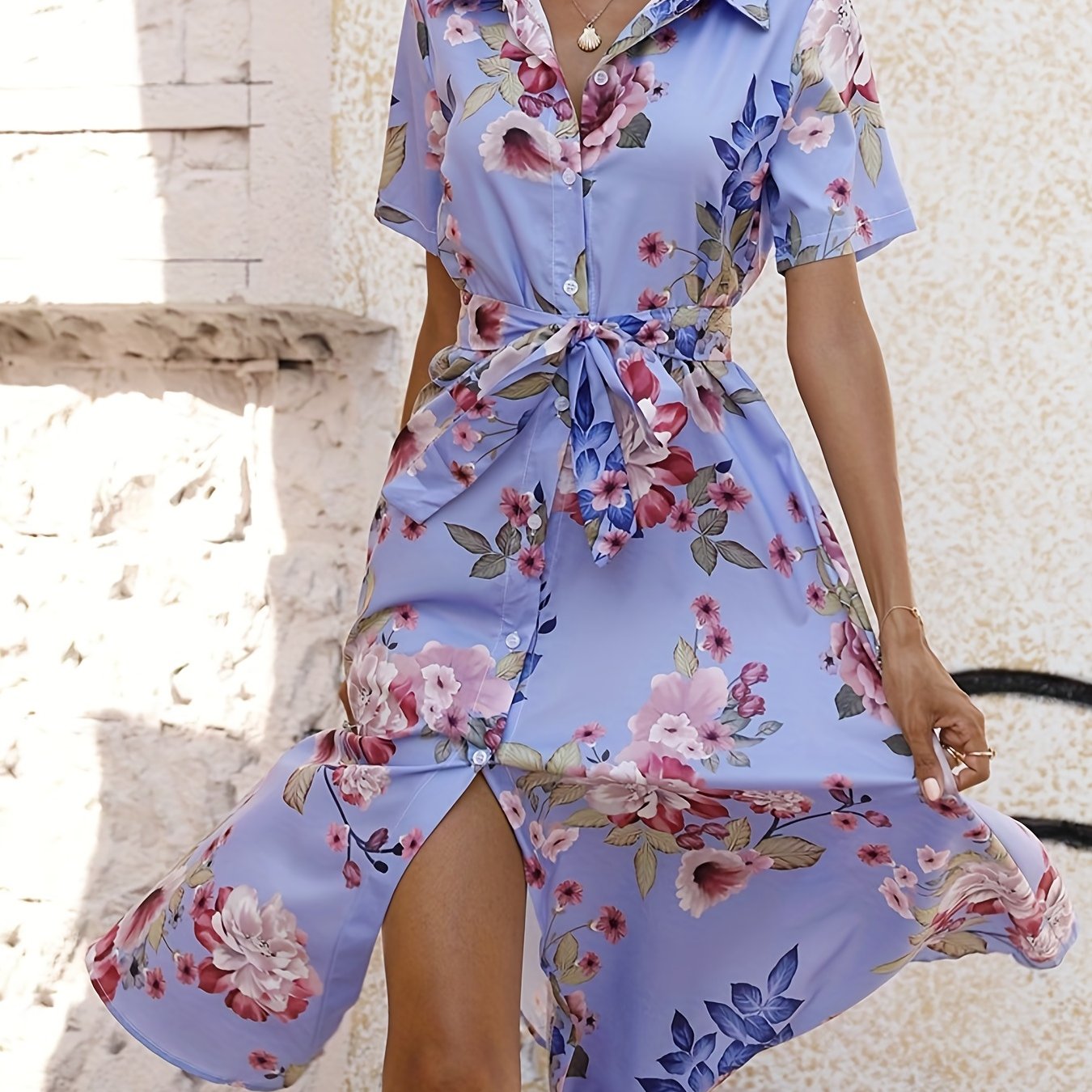 Floral Print Shirt Boho Button Front Short Sleeve Dress CD198