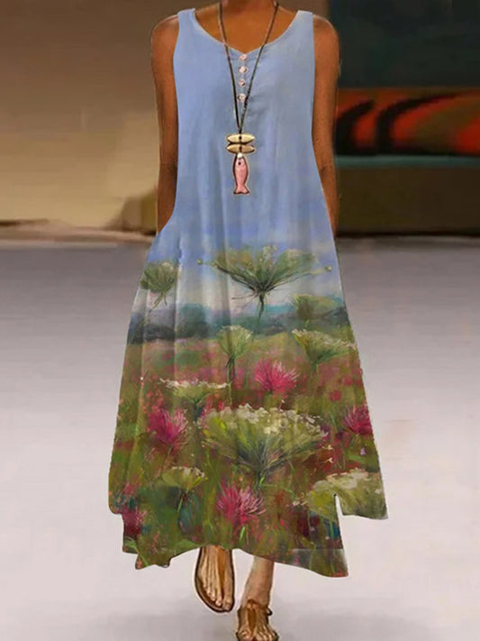 Women's Sleeveless A-Line Round Neck Bohemian Maxi Dress CD181
