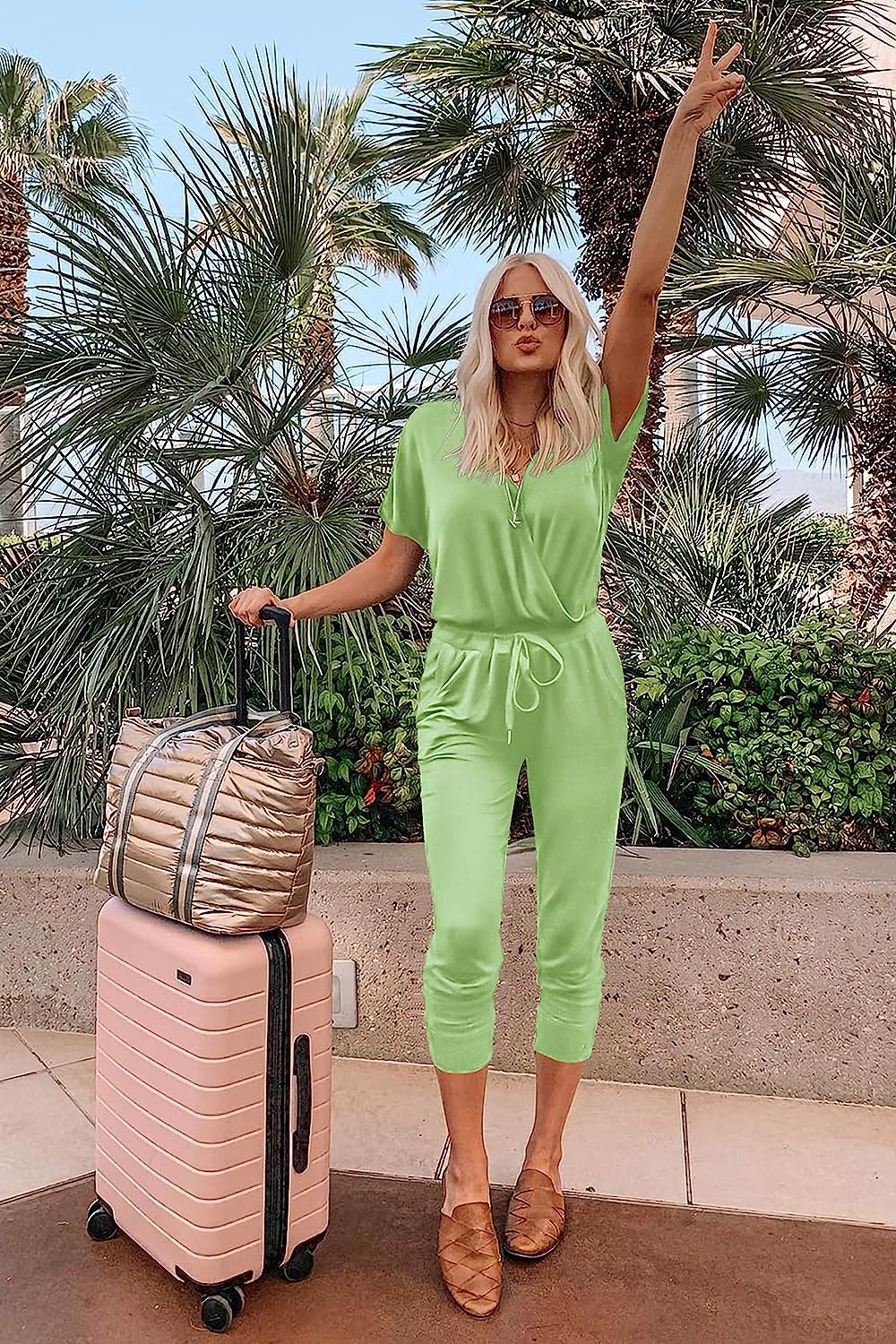 Women's Deep V Neck Drawstring Waist Jumpsuit CD496