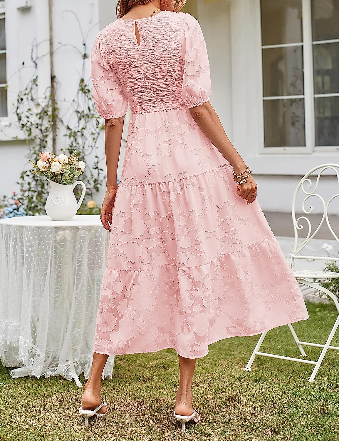 Women's Puff Sleeve Floral Crewneck Midi Dress CD451