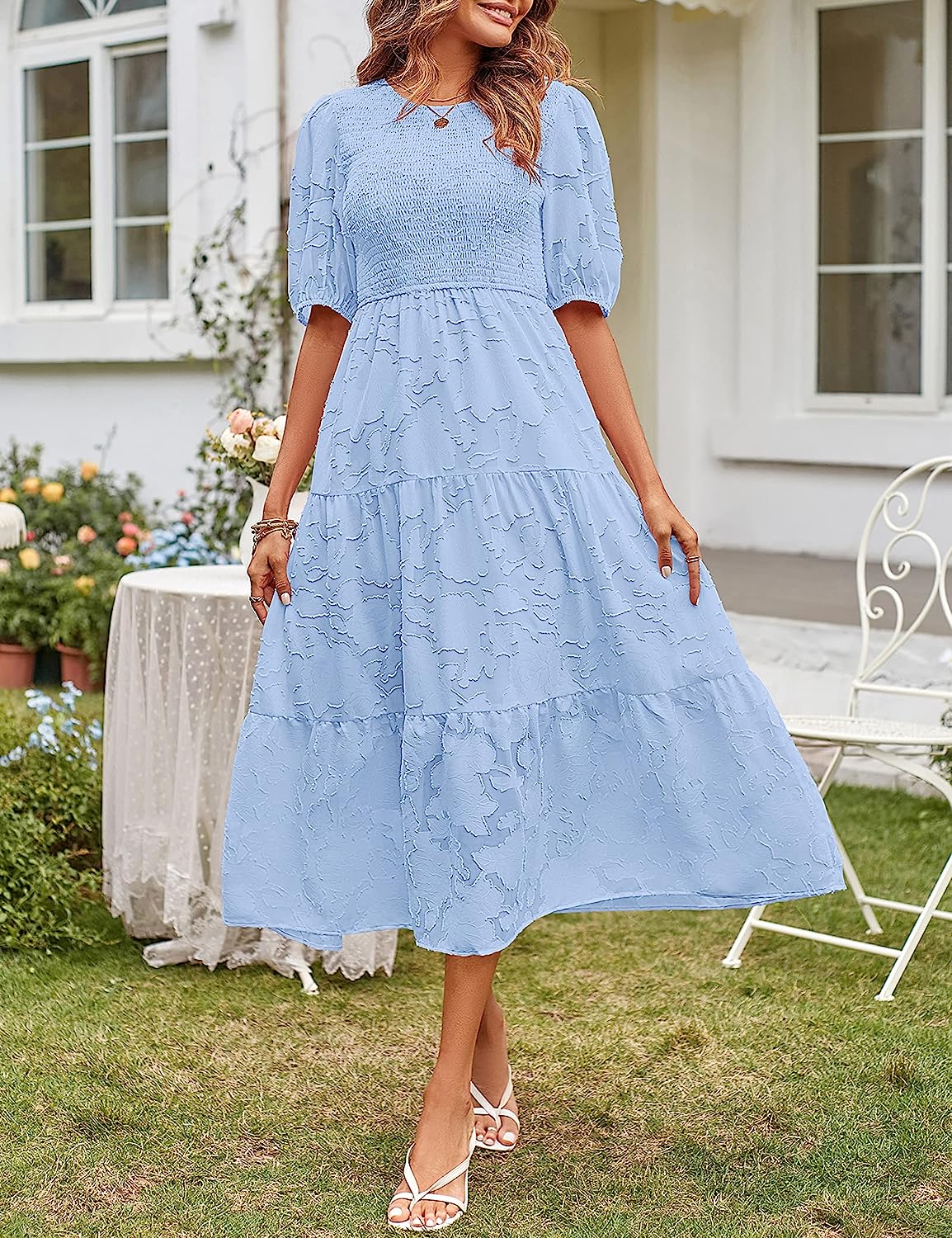 Women's Floral Crewneck Lace Flowy Tiered Midi Dress CD452