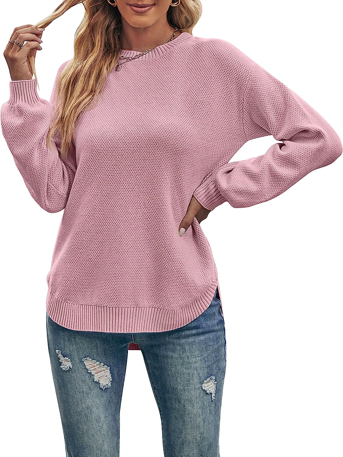 Women's Long Balloon Sleeve Crew Neck Sweater Tops CD458