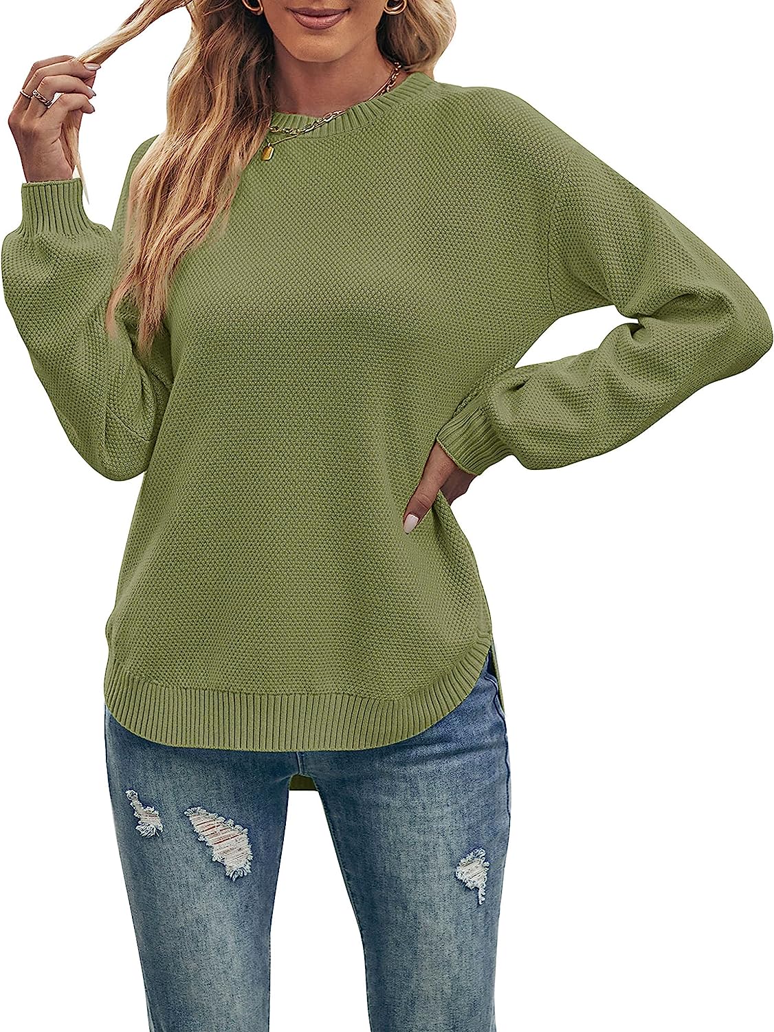 Women's Long Balloon Sleeve Crew Neck Sweater Tops CD458