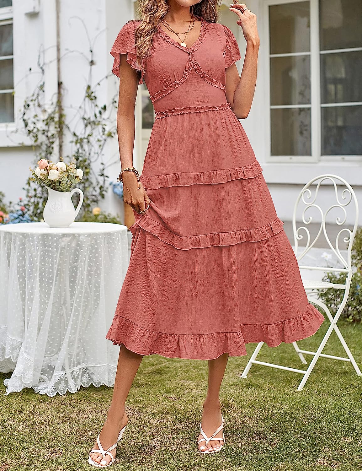 Womens V Neck Flutter Sleeve Ruffle Tiered Midi Dress CD449