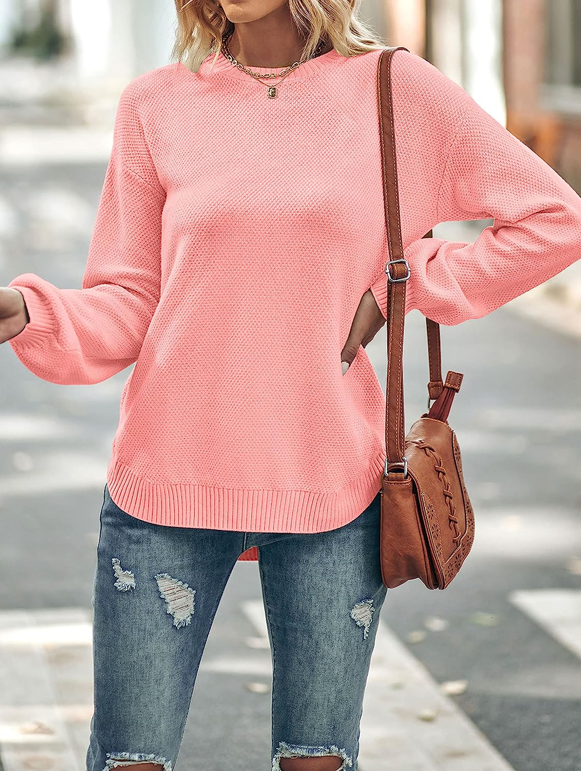 Women's Long Balloon Sleeve Crew Neck Sweater Tops CD458