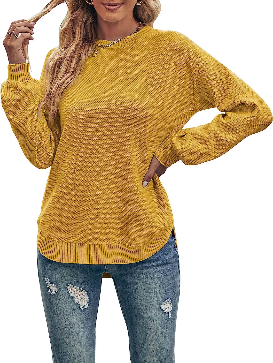 Women's Long Balloon Sleeve Crew Neck Sweater Tops CD458