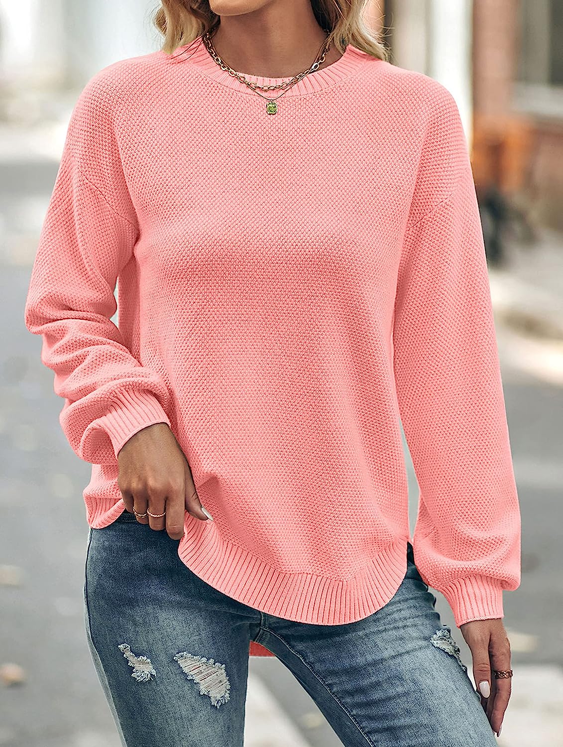 Women's Long Balloon Sleeve Crew Neck Sweater Tops CD458