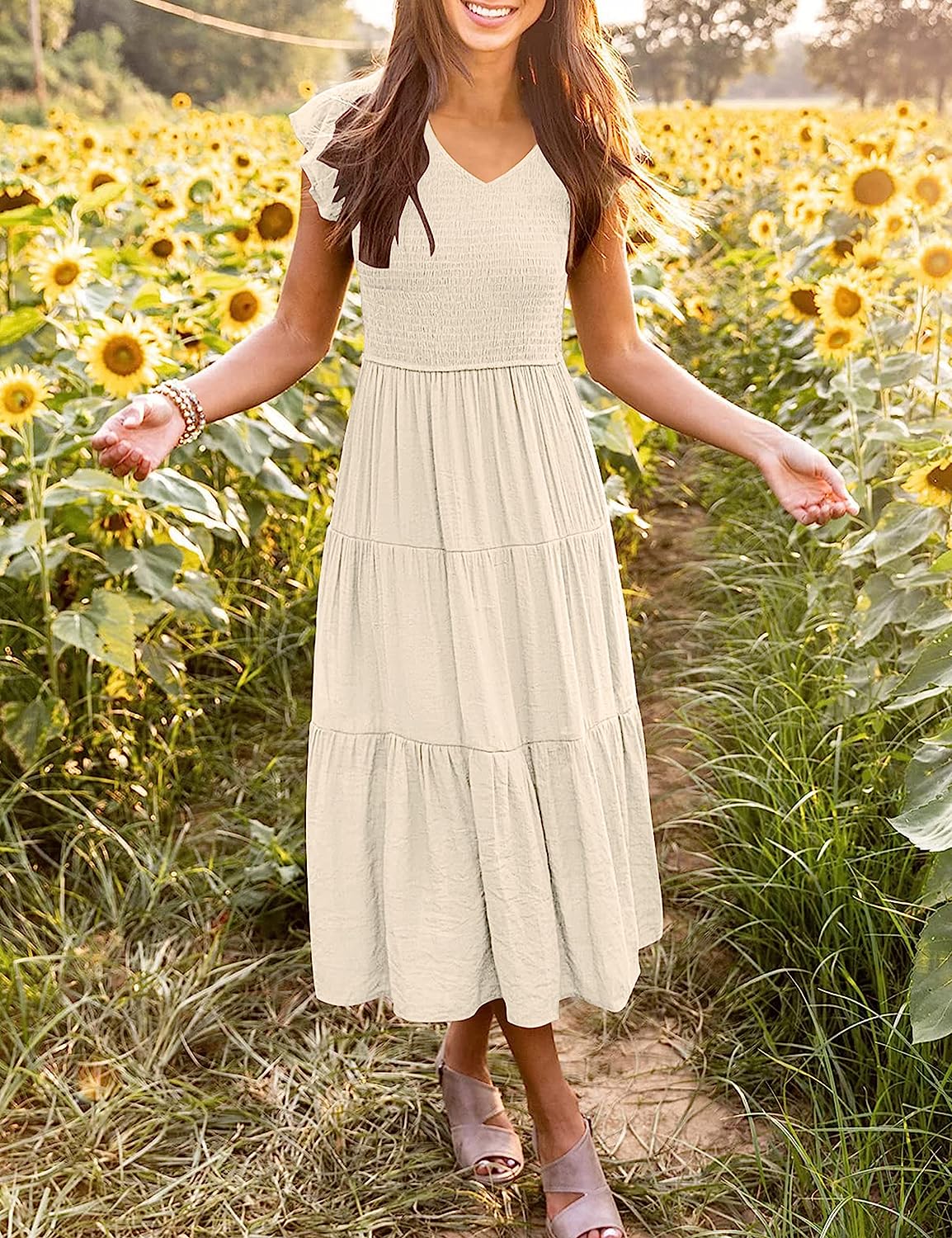 Women's Flutter Sleeve Smocked Midi Dress CD435