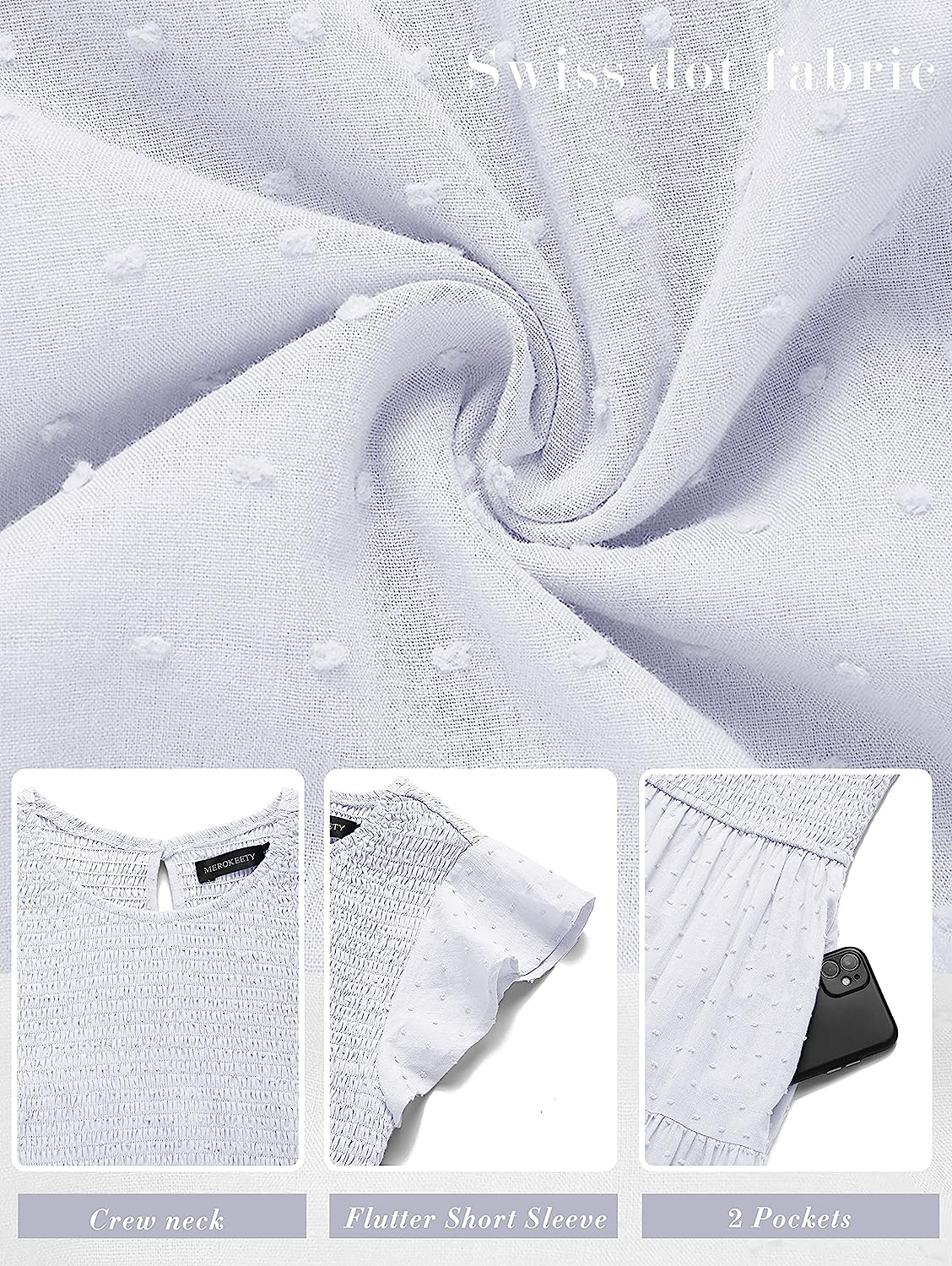 Women's Short Sleeve Smocked Midi Dress Crewneck CD448