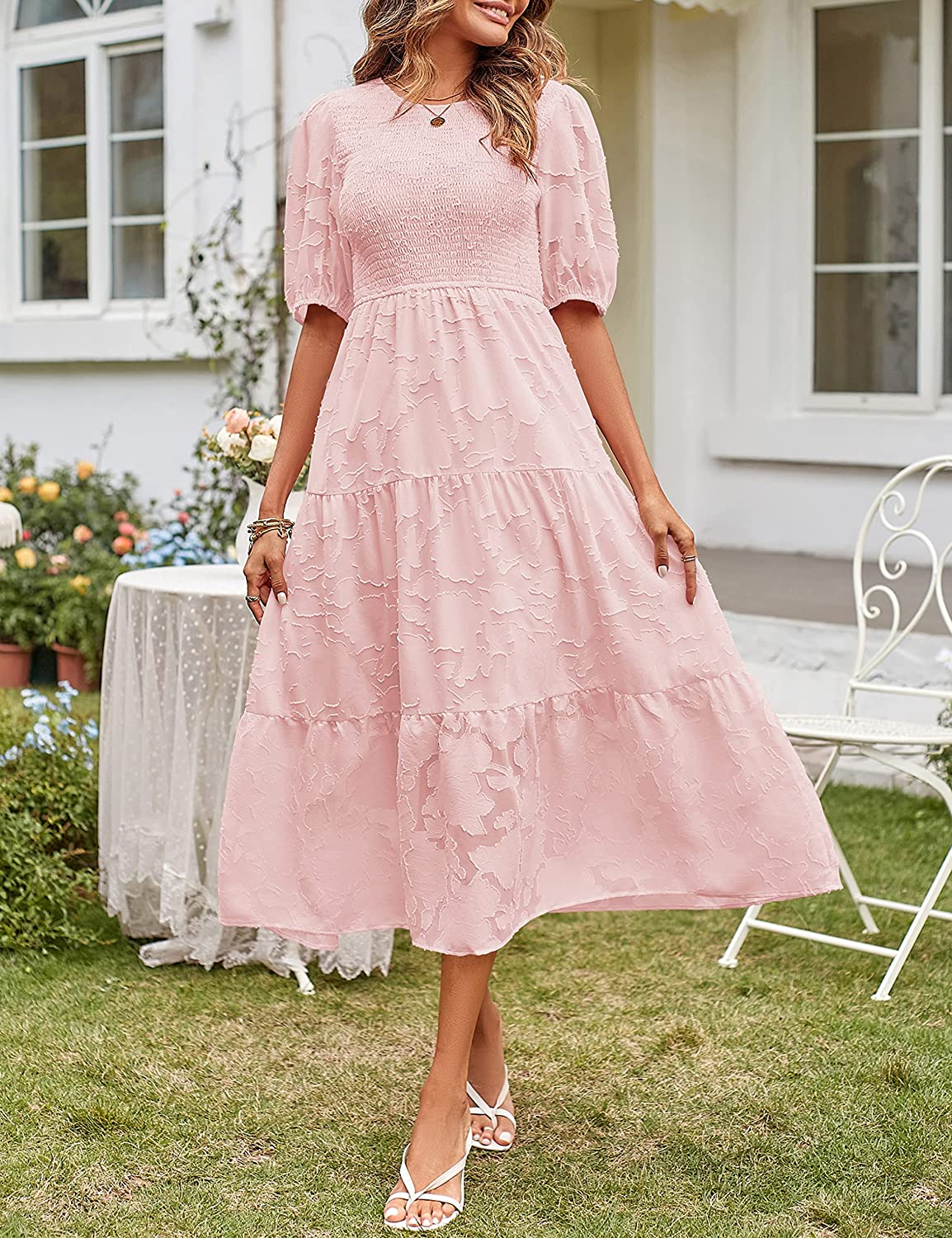 Women's Puff Sleeve Floral Crewneck Midi Dress CD451