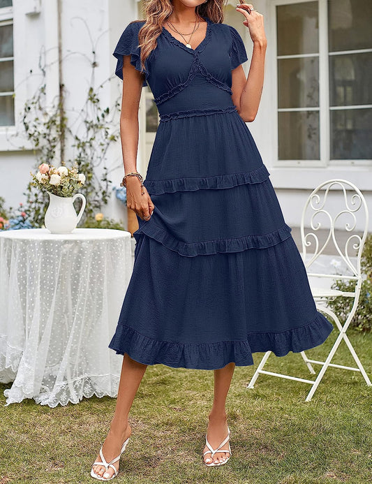 Womens V Neck Flutter Sleeve Ruffle Tiered Midi Dress CD449