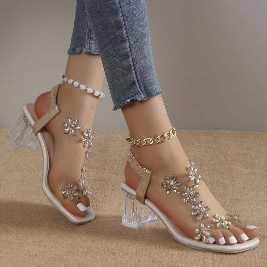 Women's Flower Rhinestone Block Heel Sandals CD428