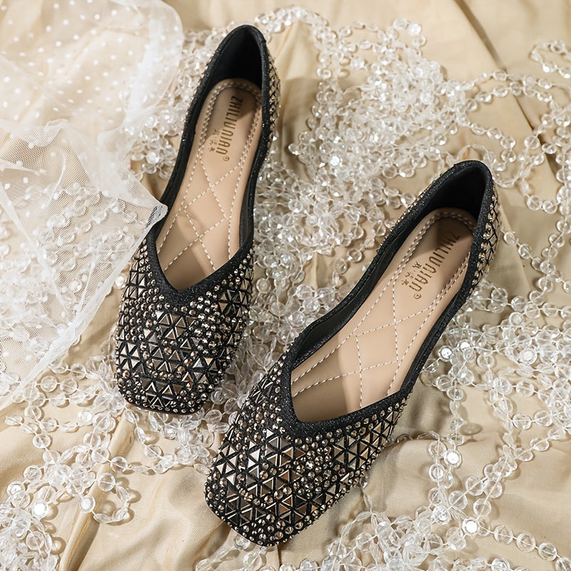 Women's Faux Rhinestone Square Toe Low Top Flats CD411