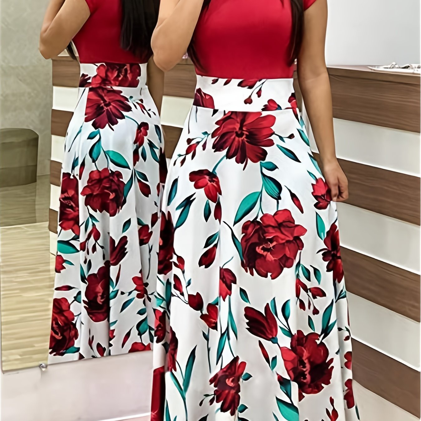 Printed Splicing Crew Neck  Slim Waist Pleated Maxi Dress CD178