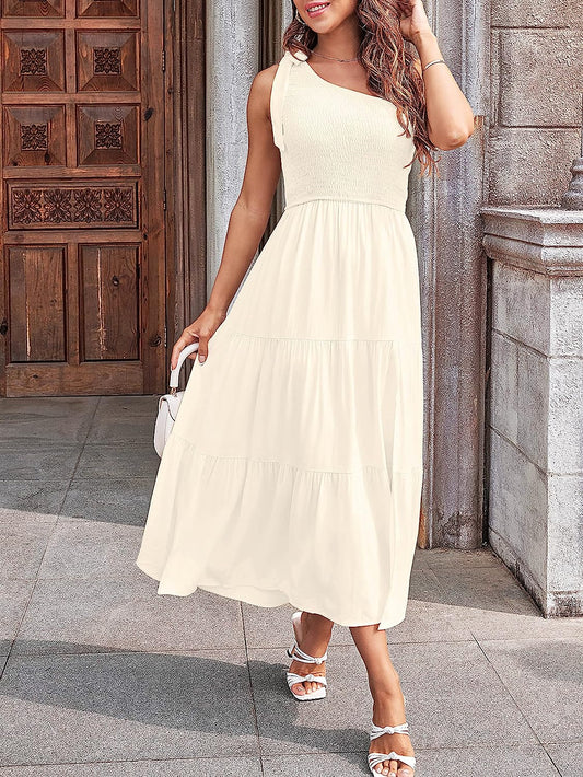 Women's One Shoulder Sleeveless Knot Midi Dress CD445
