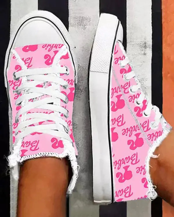 Barbie Figure Letter Raw Hem Lace-up Sneakers