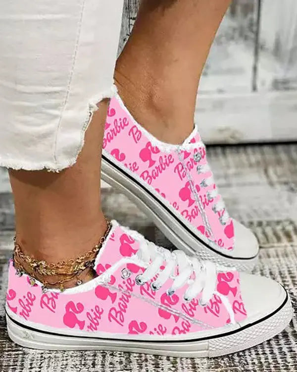 Barbie Figure Letter Raw Hem Lace-up Sneakers