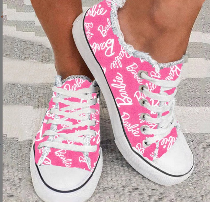 Barbie Figure Letter Raw Hem Lace-up Sneakers