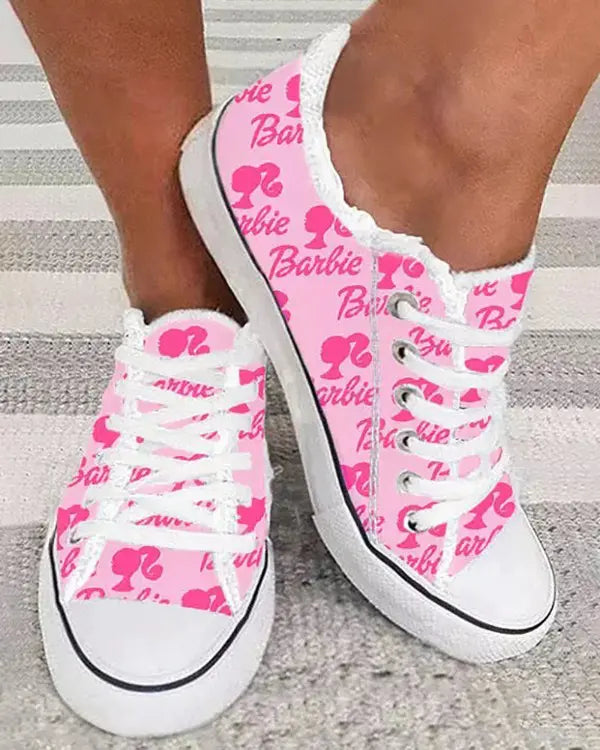 Barbie Figure Letter Raw Hem Lace-up Sneakers