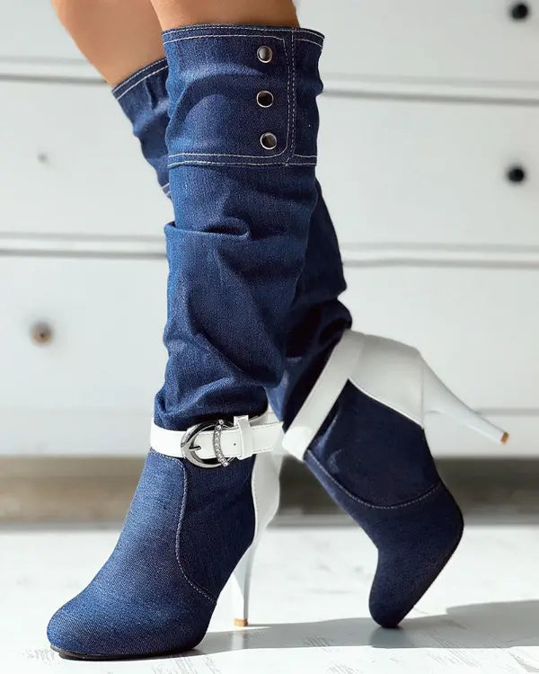 Denim Buckled Stiletto Heel Boots