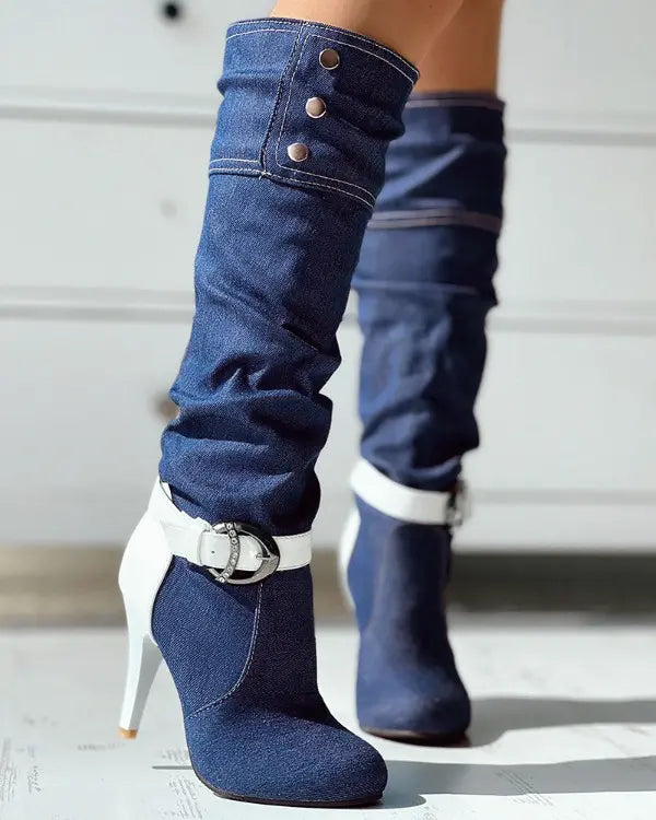 Denim Buckled Stiletto Heel Boots