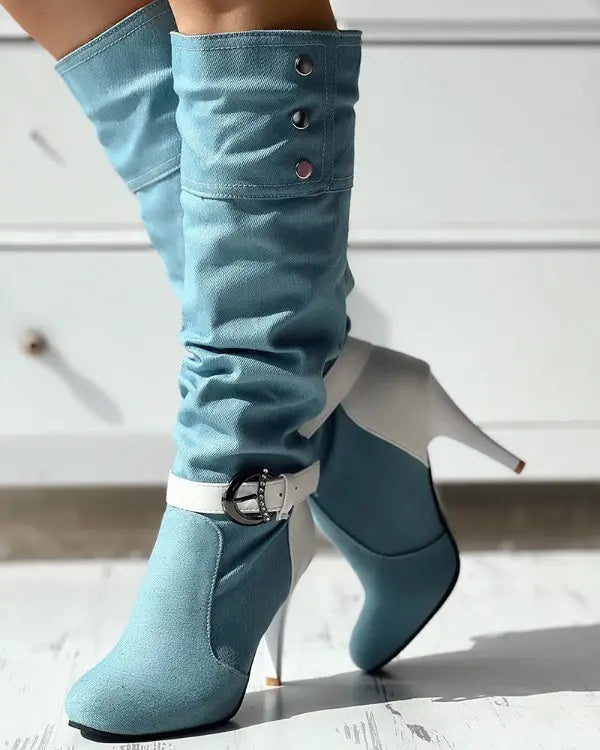 Denim Buckled Stiletto Heel Boots