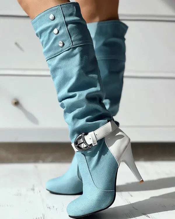 Denim Buckled Stiletto Heel Boots