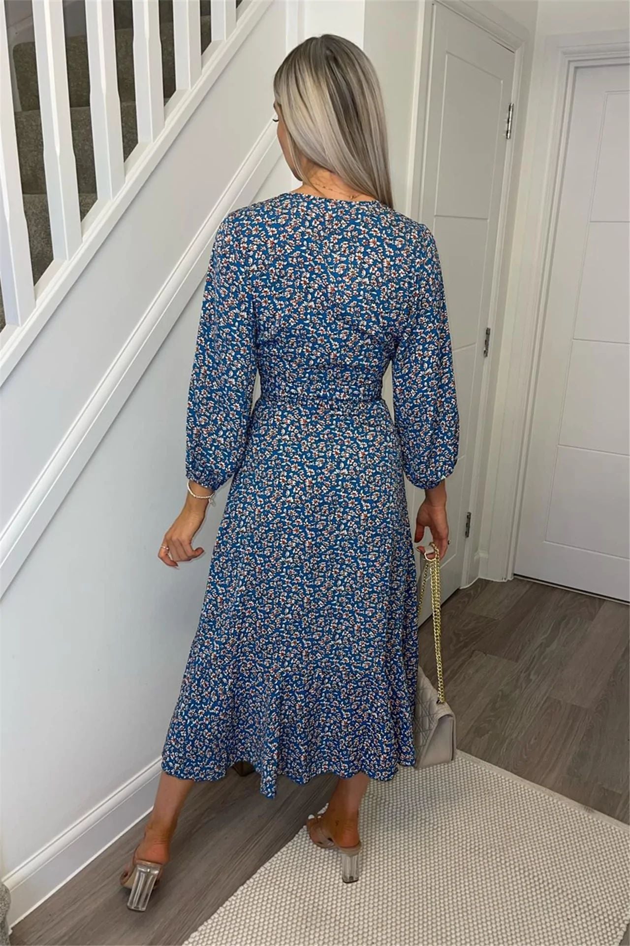 V-neck Floral and Lotus Leaf Lace Up Irregular Dress CD330