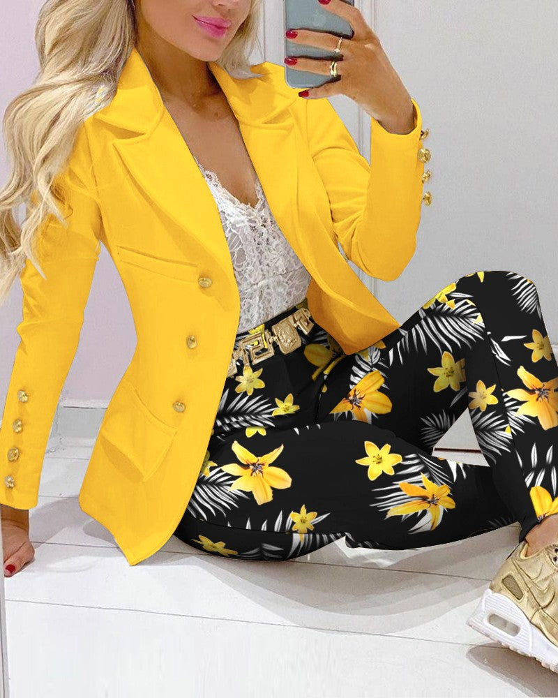 Women's Lapel Neck Patterned Suit Jacket & Pant Sets