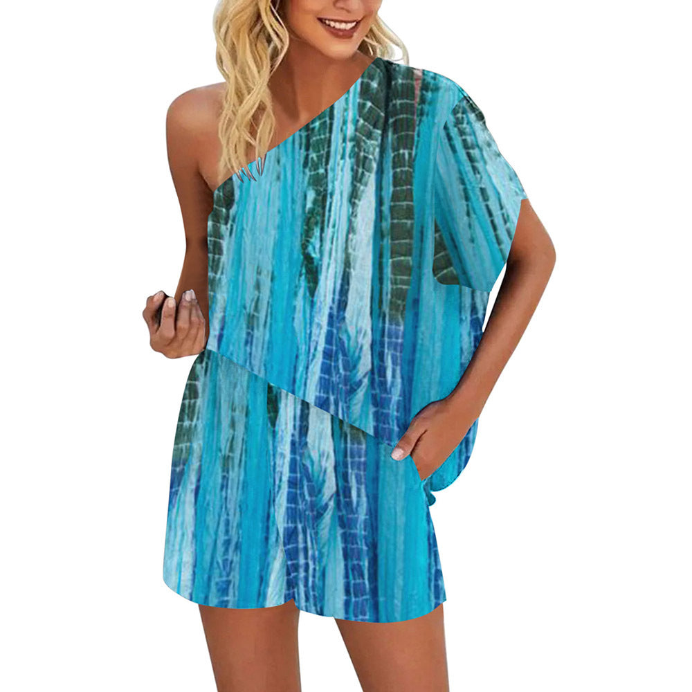 Printed Diagonal Neck Sexy Off Shoulder Loose Set Women's CD628