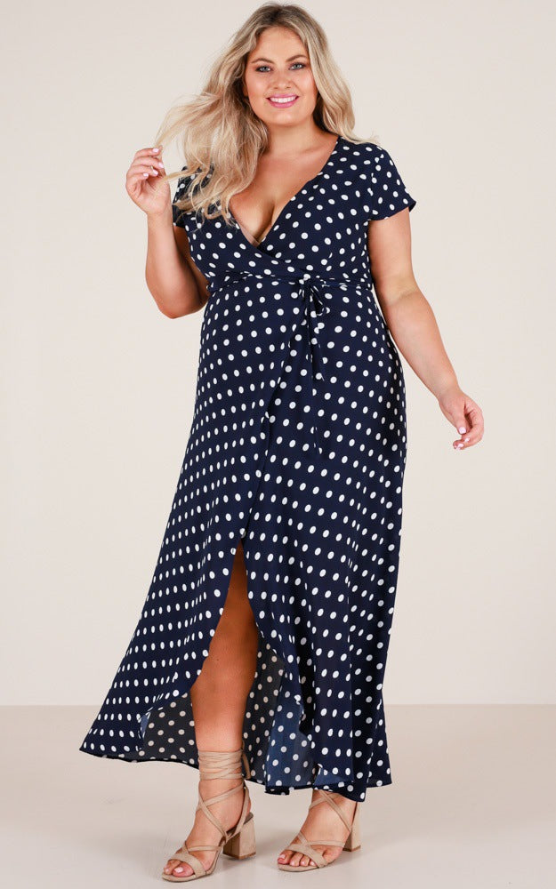 V-neck Polka Dot Short Sleeve Large Dress Long Dress CD300