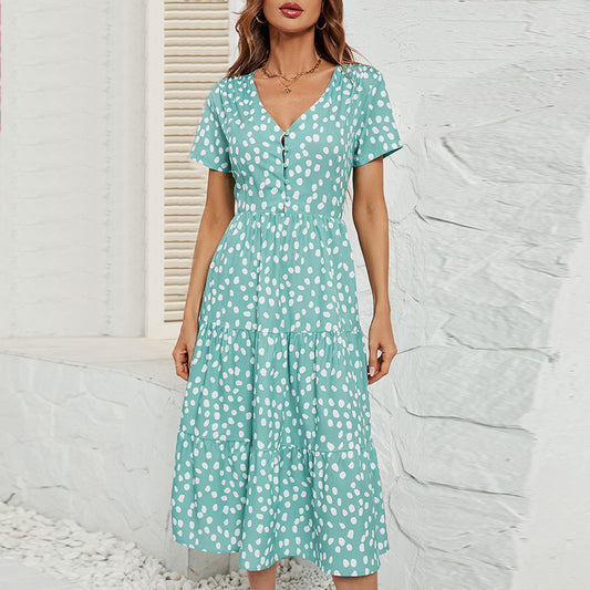 Women's V-neck Printed Short Sleeve Dress CD580