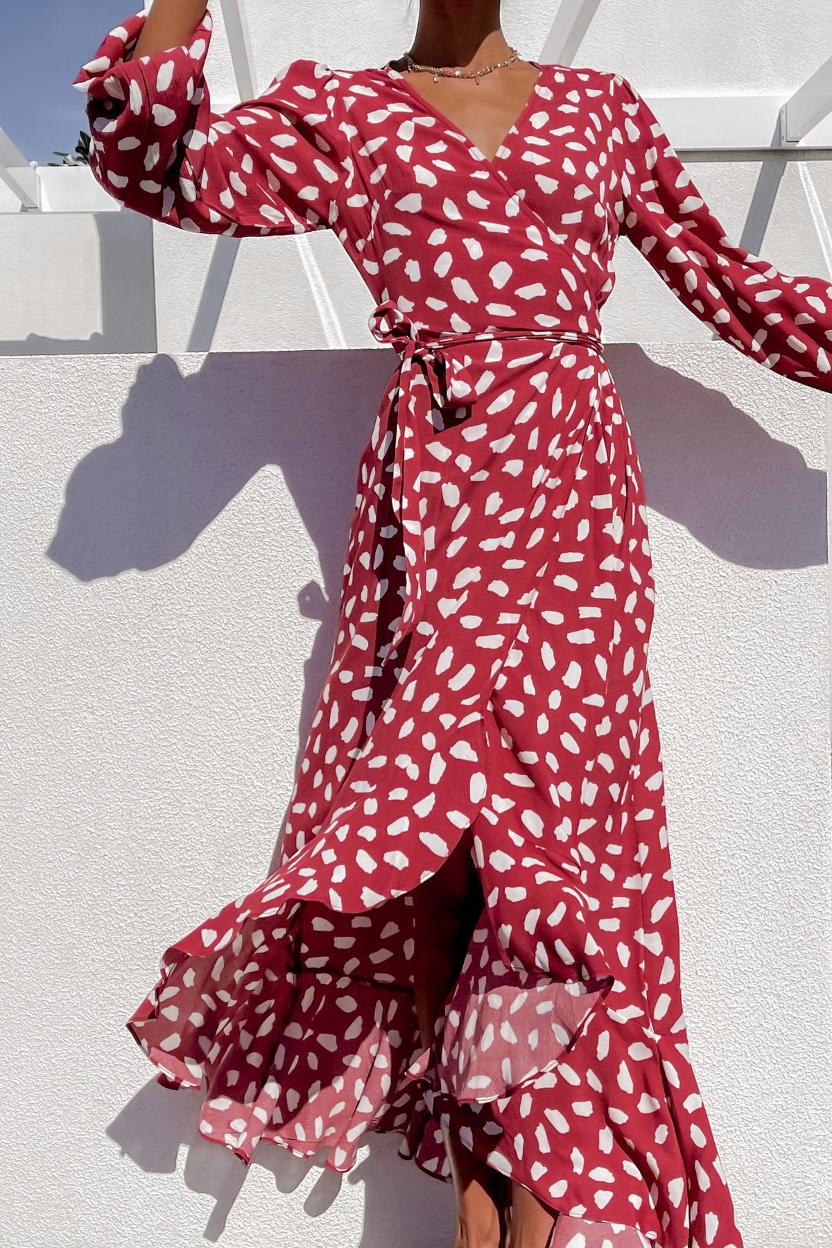 Leopard Print Long Sleeve V-neck High Waist Dress CD297