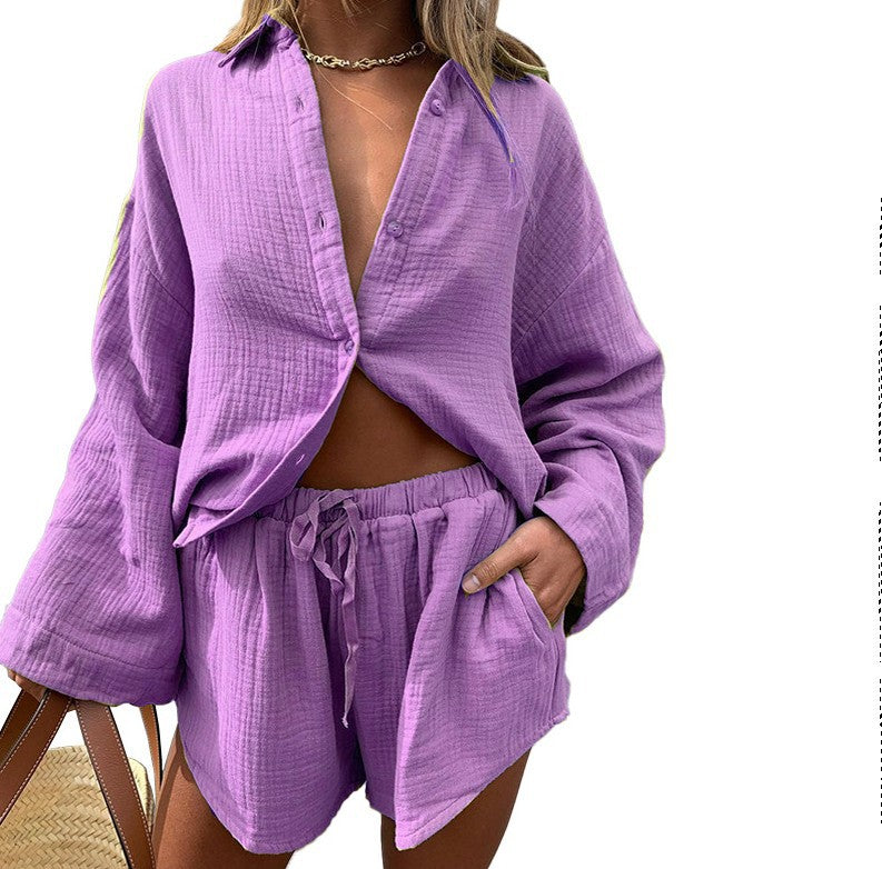Women's Long-Sleeved Top & Drawstring Shorts Sets