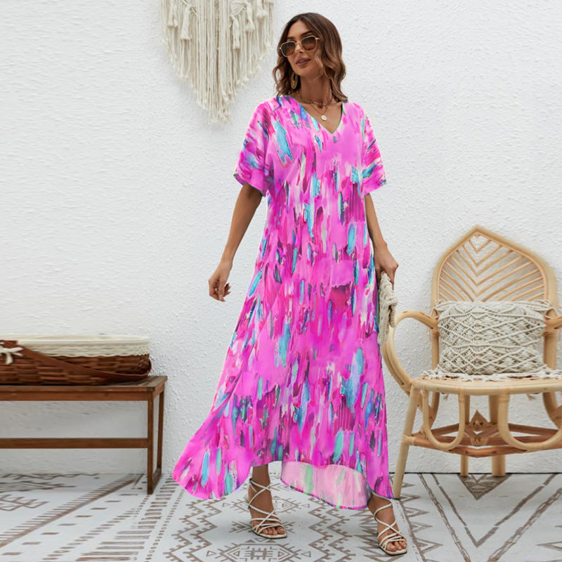 Women's Printed Loose Swing Short Sleeve Dress CD511