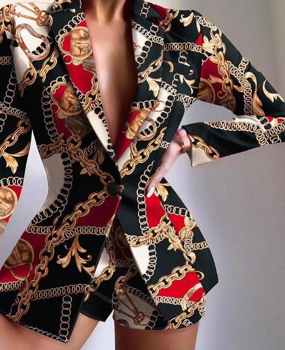 Women's V-Neck Patterned Suit Jacket & Pant Sets