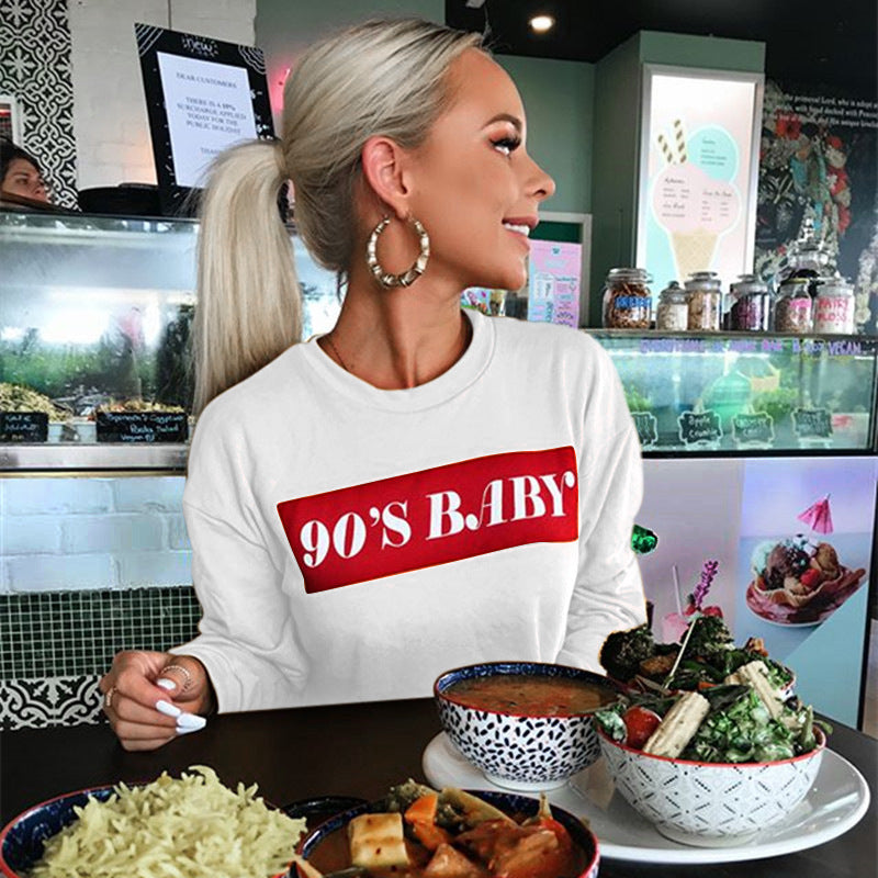 Letter Printed Long Sleeved Round Neck Sweater CD397