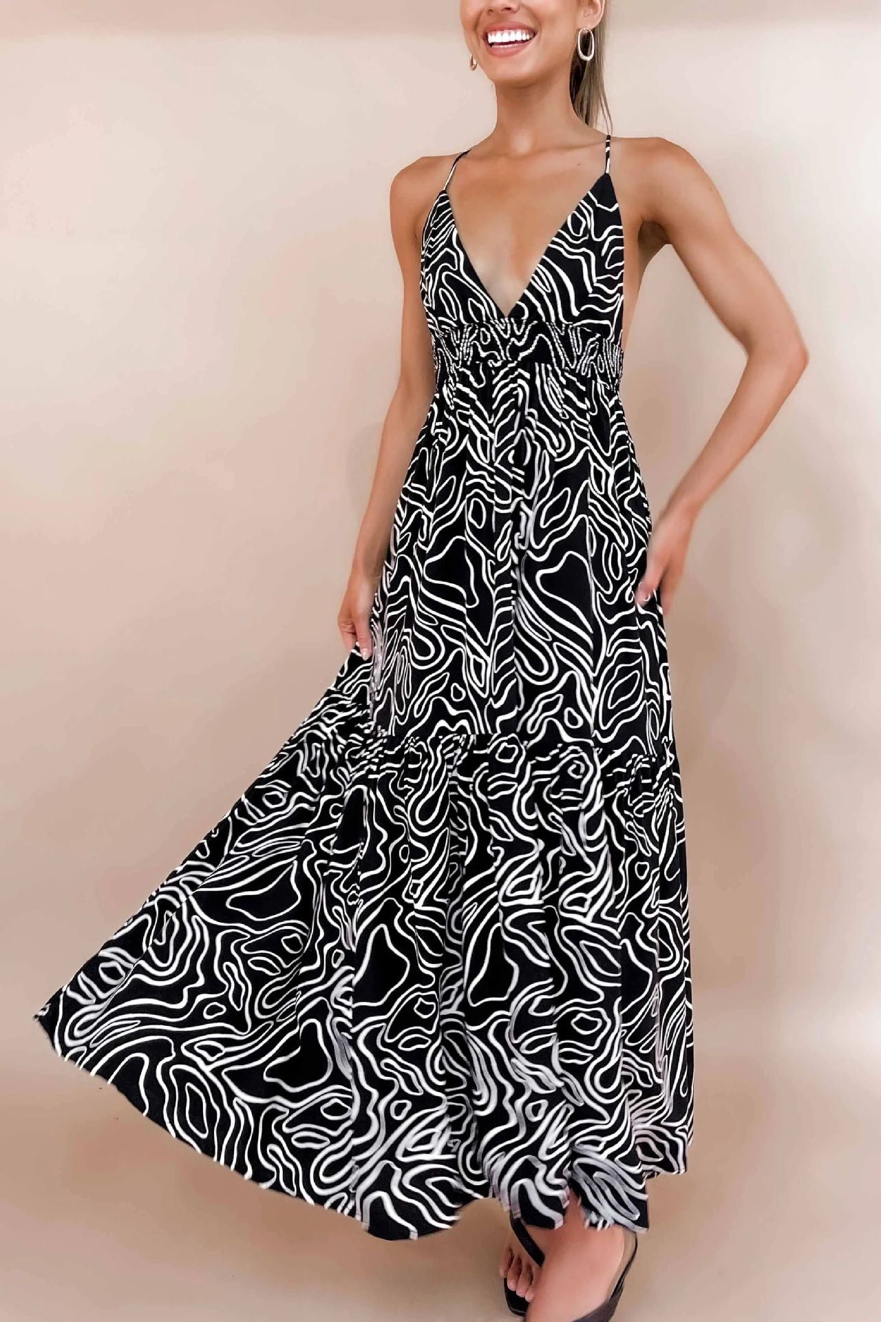 Sexy Strap V-Neck Open Back Pleated Print Dress CD329