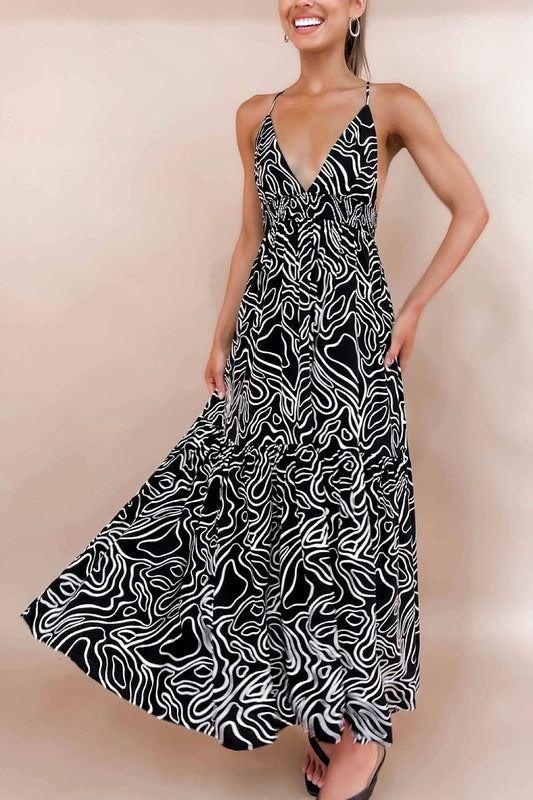 Sexy Strap V-Neck Open Back Pleated Print Dress CD329
