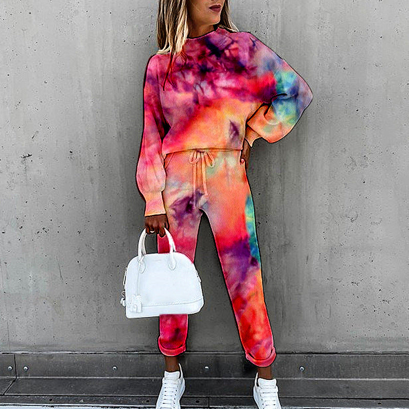 Tie Dye Print Turtleneck Long Sleeve Casual Set CD610
