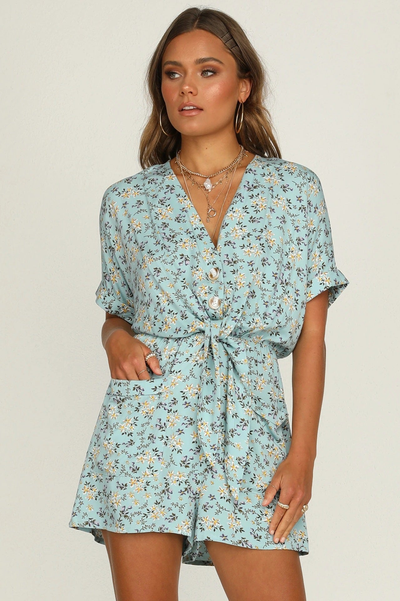 Floral Short Sleeved V-neck High Waisted Jumpsuit CD382