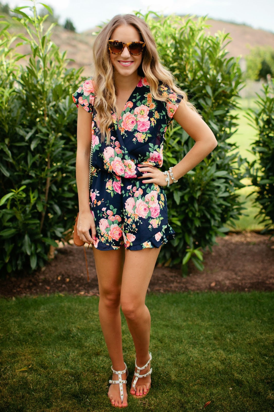 Printed V-neck Short-sleeved Ruffled Siamese Shorts CD378