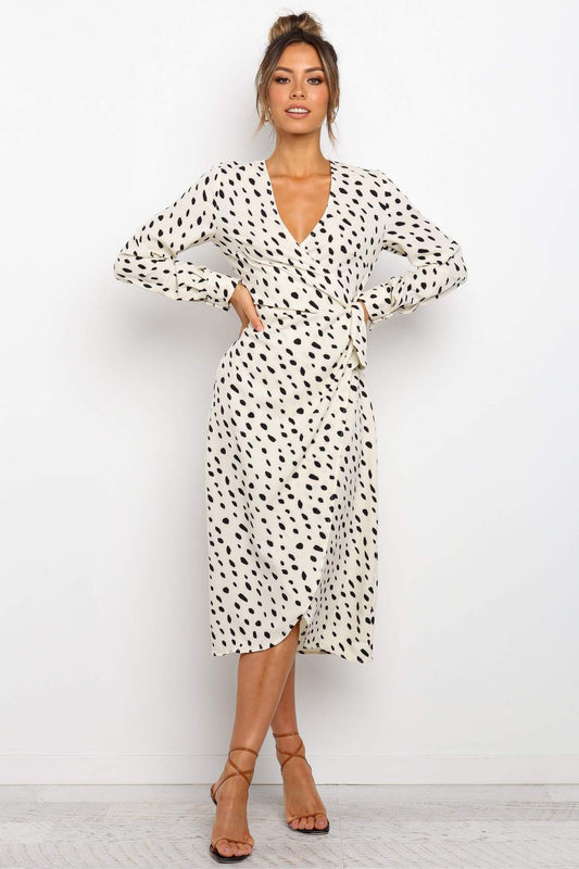 V-neck Leopard Print Long-sleeved Irregular Dress CD338